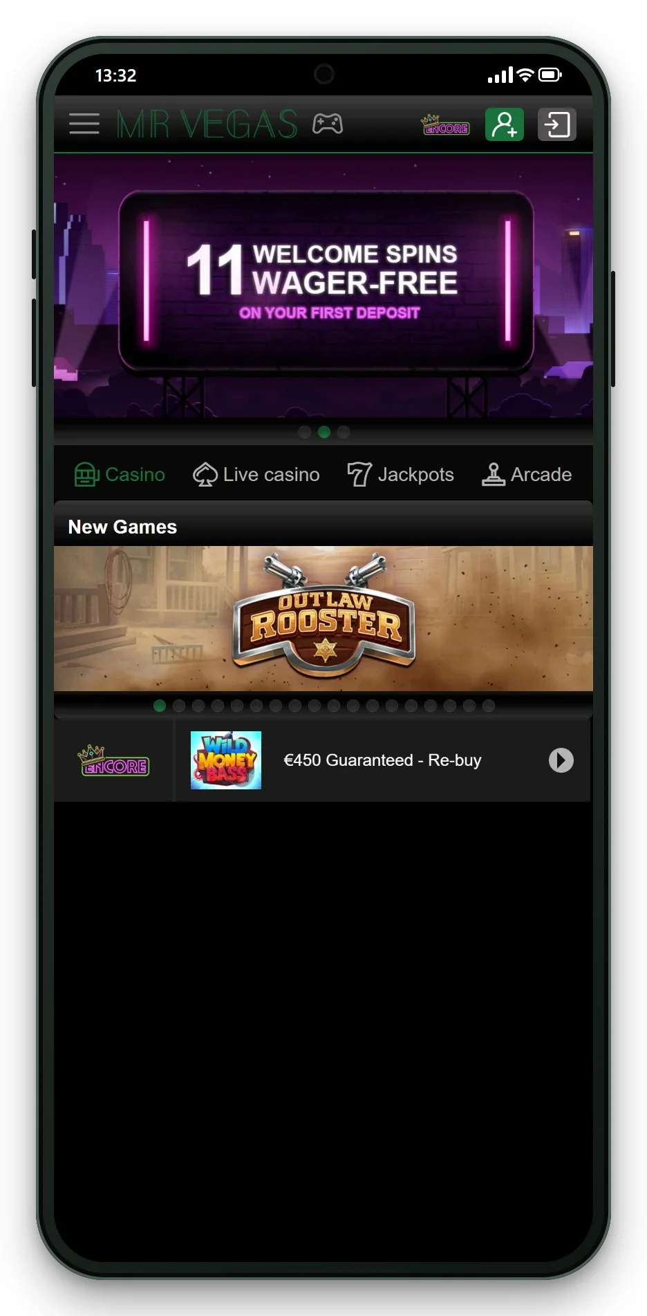 online casino malta licence: Mr Vegas mobile lobby