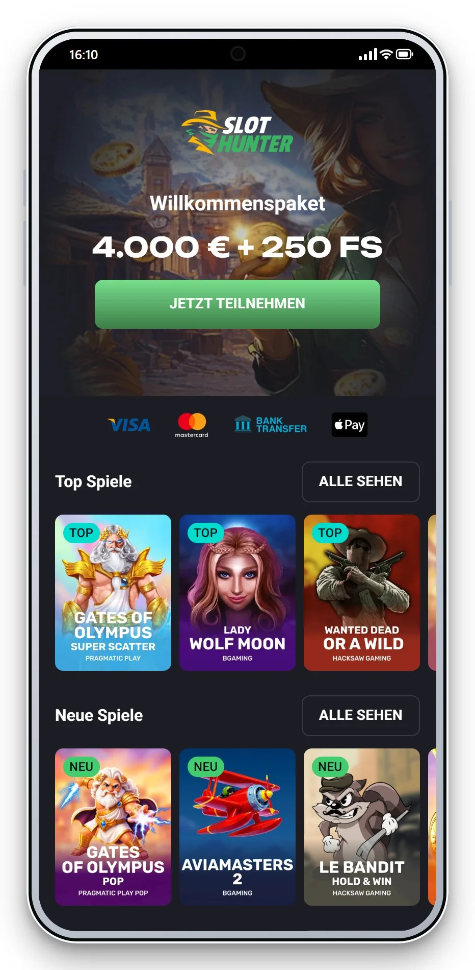 mga casino: SlotHunter mobil, Lobby am Handy